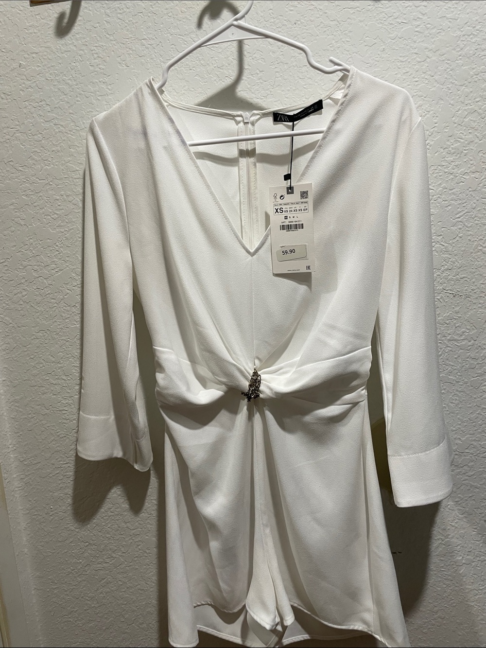Zara White Knot-Front Long-Sleeve Romper